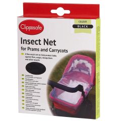 Clippasafe insect net for prams and carrycots in black packaging, designed to protect babies from flies, wasps and mosquitoes.