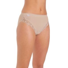 A person wearing beige lace-trimmed underwear. The underwear features a small logo tag on the waistband.