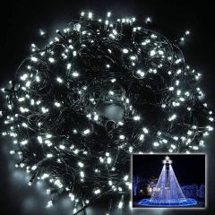 Bright cool white LED string lights in a large bundle with inset image showing an outdoor light display.