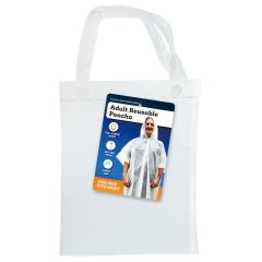 Packaging of an adult reusable poncho with pull-string hood, button front, and carry bag. Features a smiling person wearing the poncho.