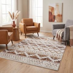 Bohemian-style rug with horizontal tribal geometric patterns in earthy tones of brown, rust, and beige on a white background