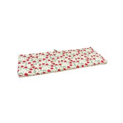 Floral-patterned long bench cushion with red strawberries and green leaves on a white background. The rectangular cushion is flat, exuding a cheerful, summery vibe.