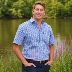 Model wearing the Poole Short Sleeve Shirt Blue