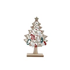 Wooden Christmas tree decoration with cut-out snowflakes and "Merry Christmas" text in red and green, standing on a wooden base.