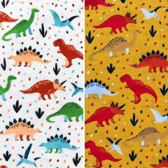 Dinos polycotton fabric in White and Mustard