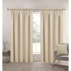 Linen-colored curtains hang from a rod above a window, partially revealing a green landscape. A gray chair with a matching pillow and a small table with a vase are in the room, creating a calm and cozy atmosphere.