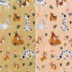 Dogs Daisies polycotton fabric in Beige and Peach