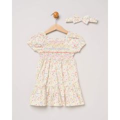 Baby girl cream floral cotton dress with puff sleeves and matching bow headband