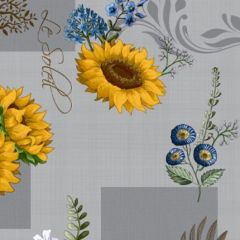 Floral pattern with blue, yellow, and orange flowers and green leaves on a white background, creating a delicate and intricate design.