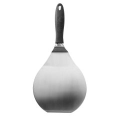Top down View Of the Stainless Steel Cake Lifter features a black handle
