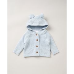 Double Knit Hooded Pom Pom Baby Cardigan - Blue