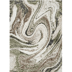 Earthy marble swirl abstract rug with natural beige, sage green, and ivory tones in fluid motion patterns