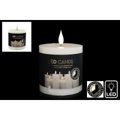 White LED candle with a realistic flickering flame effect, set against a black background. It features a timer function and LED logo on the label.