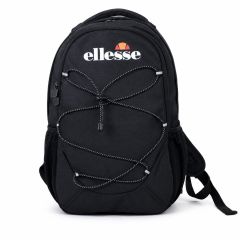 Ellesse black backpack with front bungee cord storage system, padded shoulder straps and multiple compartments on a white background.