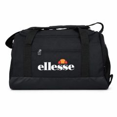 Ellesse black holdall sports bag with shoulder strap and front zip pocket on a white background.