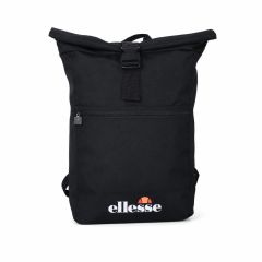 Ellesse black roll-top backpack with front zip pocket and buckle closure on a white background.