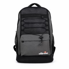 Ellesse grey and black backpack with front bungee cord storage, zip pocket and mesh side compartments on a white background.