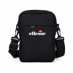 Ellesse Lombardy black cross body bag with adjustable shoulder strap and zip compartment on a white background.