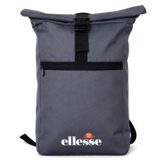 Ellesse grey roll top backpack with front zip pocket and buckle closure on white background.