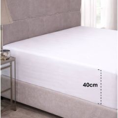 White deep fitted sheet with 40cm depth on mattress showing snug fit