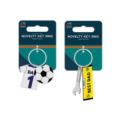 Two novelty key rings are shown. The left features a jersey and soccer ball; the right has a wrench and "Best Dad" tag. Both are labeled for Father's Day.