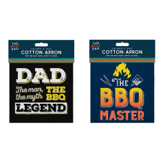 Two Father's Day cotton aprons with BBQ themes. The left reads "Dad, The man, the myth, the BBQ Legend," and the right reads "The BBQ Master" with fire and utensils.