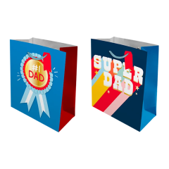 Two colorful gift bags against a black background. The first features a "#1 Dad" medal, and the second displays "Super Dad" with vibrant stripes.