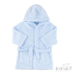 Light blue baby bathrobe with a hood and belt, featuring embossed patterns of vehicles. Made from soft fabric, conveying comfort and coziness.