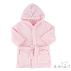 Pink baby bathrobe with a hood and belt, featuring embossed patterns of bunny. Made from soft fabric, conveying comfort and coziness.
