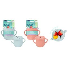 Pack of 2 BPA free baby food storage pots with resealable lids and weaning spoon in assorted colours