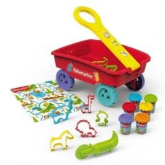 Fisher-Price pull-along wagon play dough set with colourful modelling dough tubs, animal cutters, rolling tool and play mat.