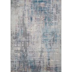 Full view of the Florence Manhattan Multi modern abstract area rug featuring a contemporary grid pattern in blue, grey, blush and gold tones.