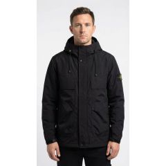 Men’s black hooded water-resistant jacket by Soul Star with adjustable drawstring hood and front pockets