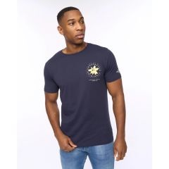 Model wearing Flowered Men's T-Shirt Steel Blue by Crosshatch with Blue Jeans