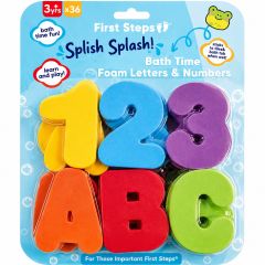 First Steps Splish Splash Bath Time Foam Letters & Numbers set with colourful foam alphabet letters and numbers in a blister pack for children aged 3 years and over.