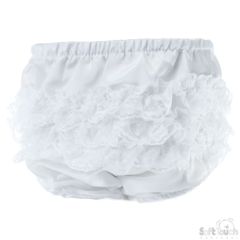 White infant diaper cover with frilly lace ruffles around the back. The fabric is smooth and gathered at the waist and legs, giving a soft, delicate look.
