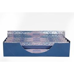 A display box of jasmine incense packages with intricate purple and blue floral designs. The packaging conveys a soothing, aromatic tone.