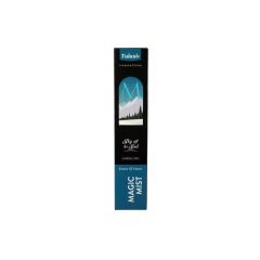 Tall black and blue Tulasi incense stick box with “Magic Mist” label, features night sky with mountains and trees, conveys tranquility and nature.