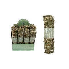 A display of white sage smudge sticks bundled with twine is seen. The packaging is green with text, conveying a natural, calming aesthetic.