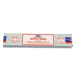 Packaging of Satya Nag Champa White Sage incense. The rectangular box is light green with red and white text, highlighting "Export Quality."