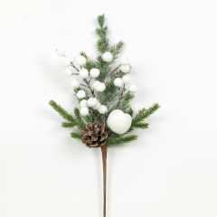 Frosted Christmas pick with white berries, greenery, and pinecone on a stem.