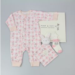 Pure & Soft Bunny Zip Romper 3 Piece Gift Set Pink