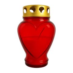 Red glass heart-shaped grave candle with gold lid 7 inch 18cm