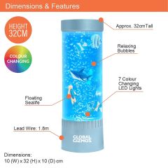 Global Gizmos 32cm Colour Changing LED Bubble Fish Lamp with Scuba Diver – Metallic Blue