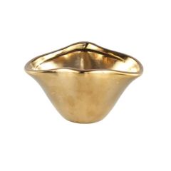 Gold ceramic decorative bowl front view with elegant wavy rim design