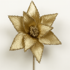Gold glitter poinsettia flower pick with shimmering edges on a stem for Christmas decorating.