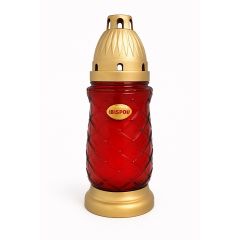 red beveled glass grave candle with gold lid bispol memorial light