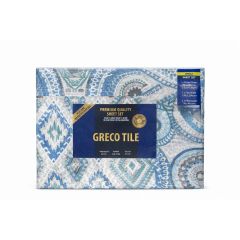 Packaging for a "Greco Tile" sheet set in blue and white geometric patterns. Labels highlight "Premium Quality" and product details. Elegant and inviting.