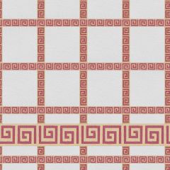 White oilcloth pattern with pink and gold Greek key border in a repeating grid design