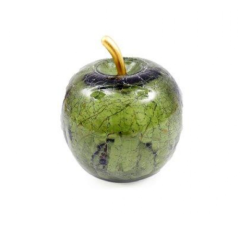Green crackle glass apple ornament with gold stem and built-in LED light, decorative home accessory.